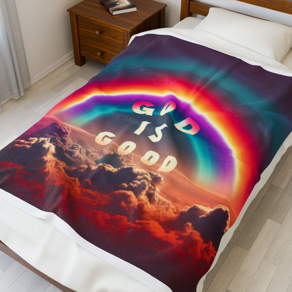God is Good Rainbow Blanket, Velveteen Plush, Colorful Throw